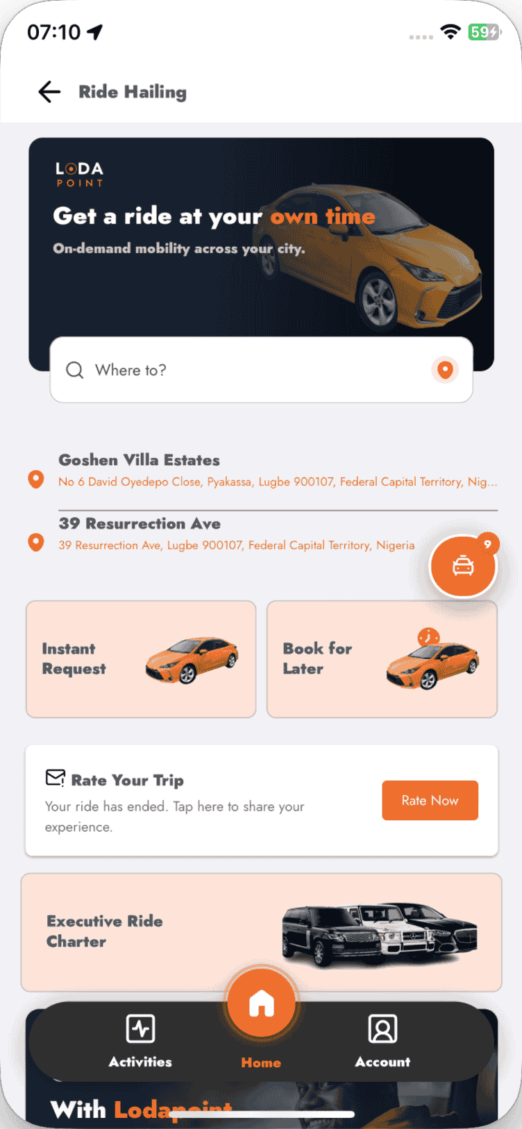 Lodapoint ride hailing screen